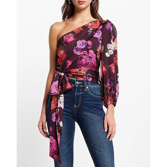 ONE SHOULDER BALLOON SLV TIE WAIST BLS DIGITIAL LUXE FLORAL PRINT-MULTI: L - Picture 2 of 8
